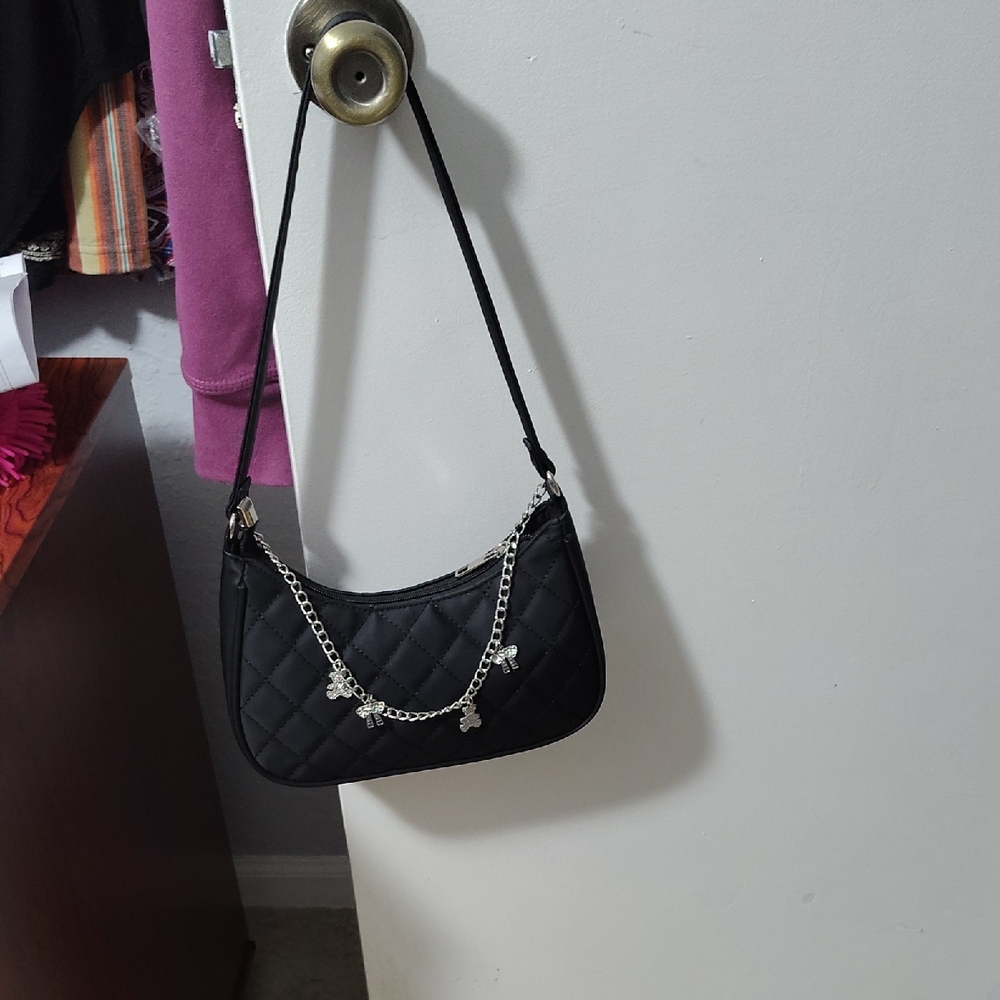 Black Quilted Shoulder Bag with Silver Charm Chain